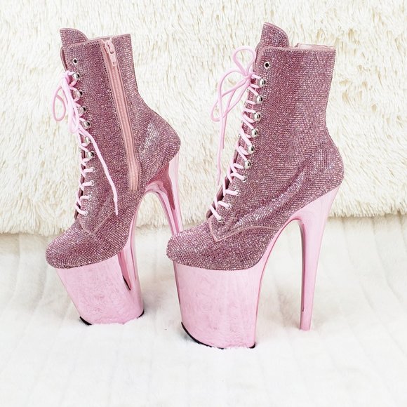 Bejeweled Baby Pink Rhinestone 8" Heel Platform Ankle Boots Flamingo - Picture 5 of 15